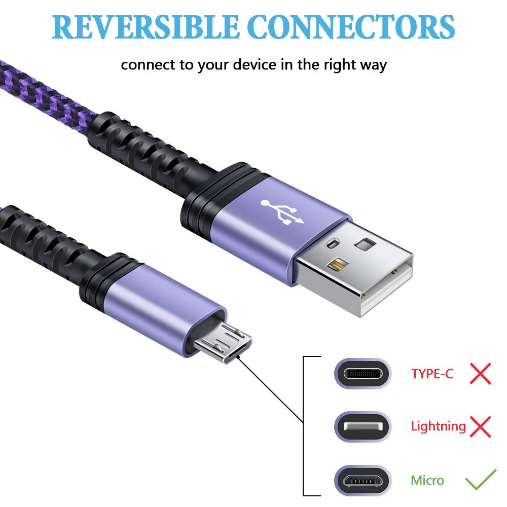 AILKIN Micro USB Charging Cable, 1 Pack 6FT Android Charger Cord Nylon Braided Fast Charging Cable Compatible Galaxy S6 S7 Edge,Kindle,Android & Windows Smartphones, PS4 and More-Purple