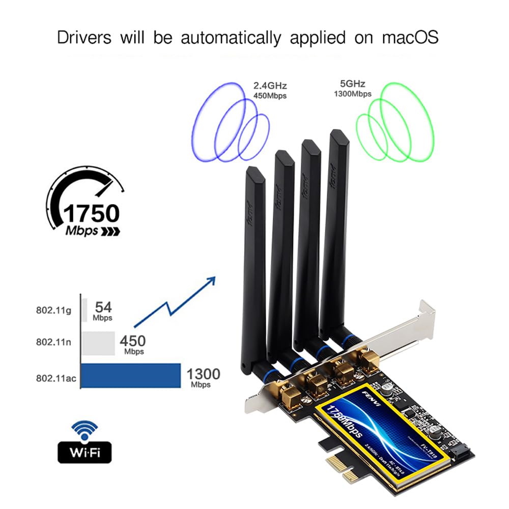 FENVi T919 WiFi Card PCI-E Network Adapter Continuity Handoff BCM94360CD WiFi Card for macOS Windows 7 8 10 11 Native Airport BT4.0 1750Mbps Dual Band 802.11ac Beamforming WLAN Cataline Mojave OS X