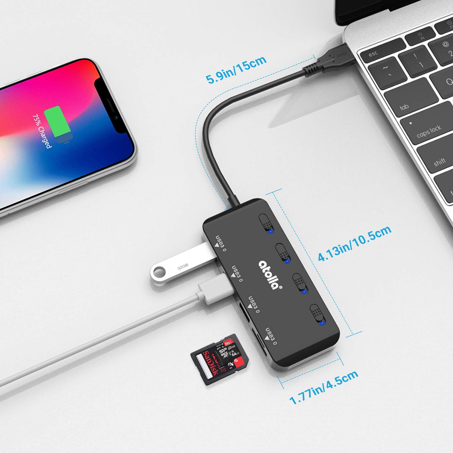 USB SD Card Reader, atolla USB Hub with SD/Micro SD Card Reader, USB Splitter with 3 USB Ports, 2 Card Slots and Individual LED Power Switches