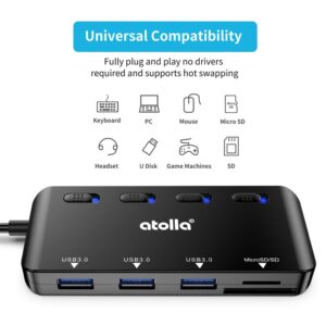 USB SD Card Reader, atolla USB Hub with SD/Micro SD Card Reader, USB Splitter with 3 USB Ports, 2 Card Slots and Individual LED Power Switches