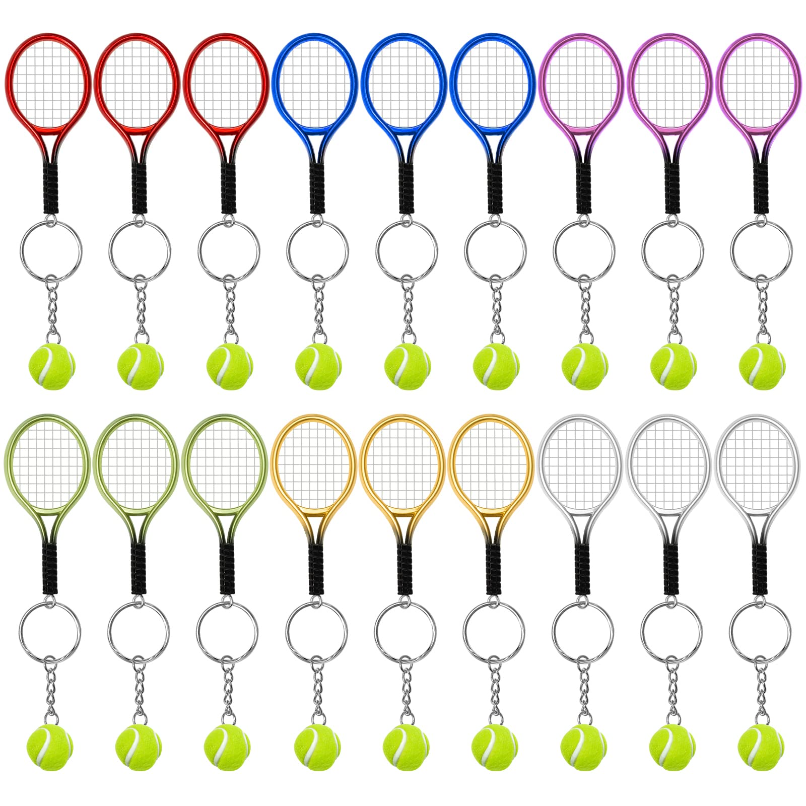 AUHOKY 18Pcs Mini Tennis Racket Keychain Key Ring, Fashionable Alloy Tennis Ball Split Ring, Sport Style Split Keychain for Sport Lovers Team - Exquisite & Lightweight(6 Colors)