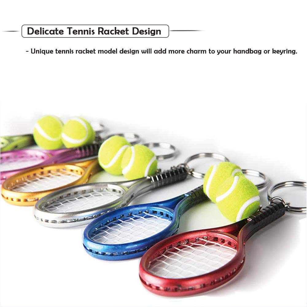 AUHOKY 18Pcs Mini Tennis Racket Keychain Key Ring, Fashionable Alloy Tennis Ball Split Ring, Sport Style Split Keychain for Sport Lovers Team - Exquisite & Lightweight(6 Colors)