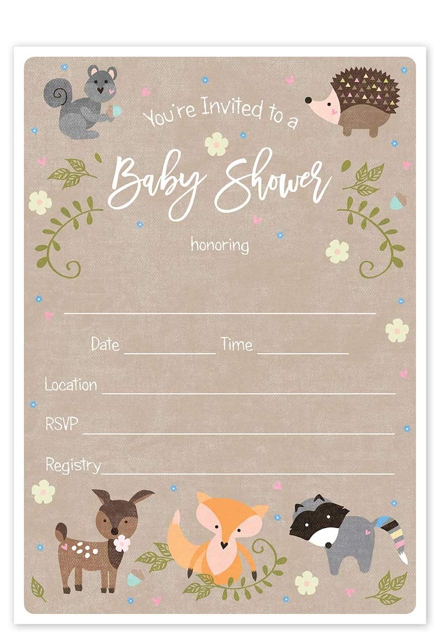 Canopy Street Woodland Animals Baby Shower Invitation / 25 Adordable Animals Themed Fill In Baby Shower Invites / 5" x 7" New Baby Forest Animal Invitation Cards