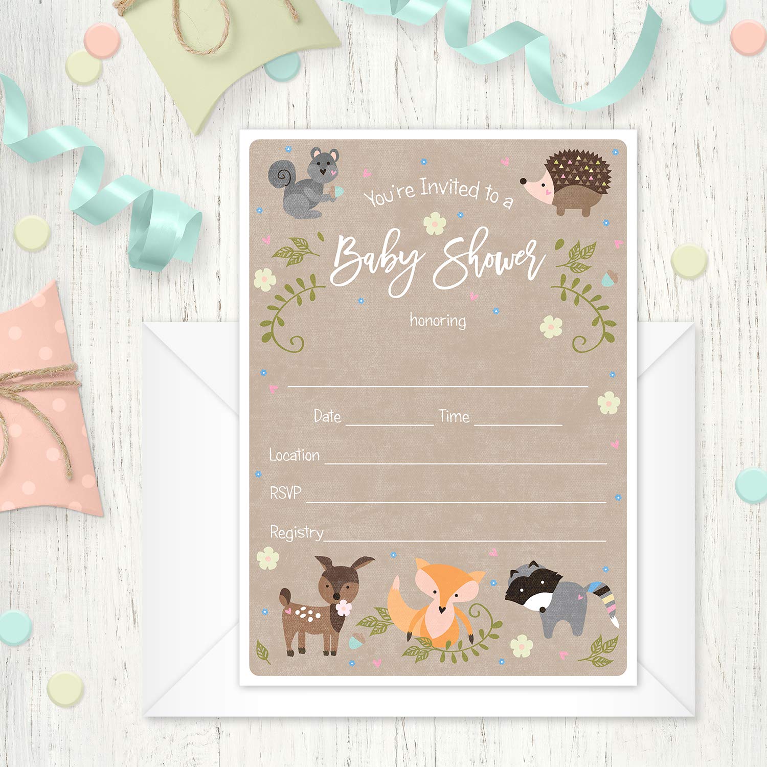 Canopy Street Woodland Animals Baby Shower Invitation / 25 Adordable Animals Themed Fill In Baby Shower Invites / 5" x 7" New Baby Forest Animal Invitation Cards