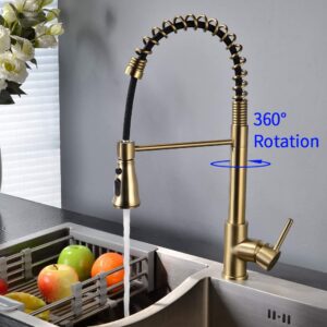 SHAMANDA Brass Kitchen Faucet High Arc Spring Kitchen Sink Faucet with Sprayer Single Handle Hole Pull Down Bar Sink Faucet Brushed Gold, L60001-3