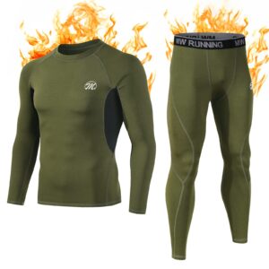 meetwee thermal underwear for men, winter base layer set tops & long johns winter ski cold weather gear for heat retention green