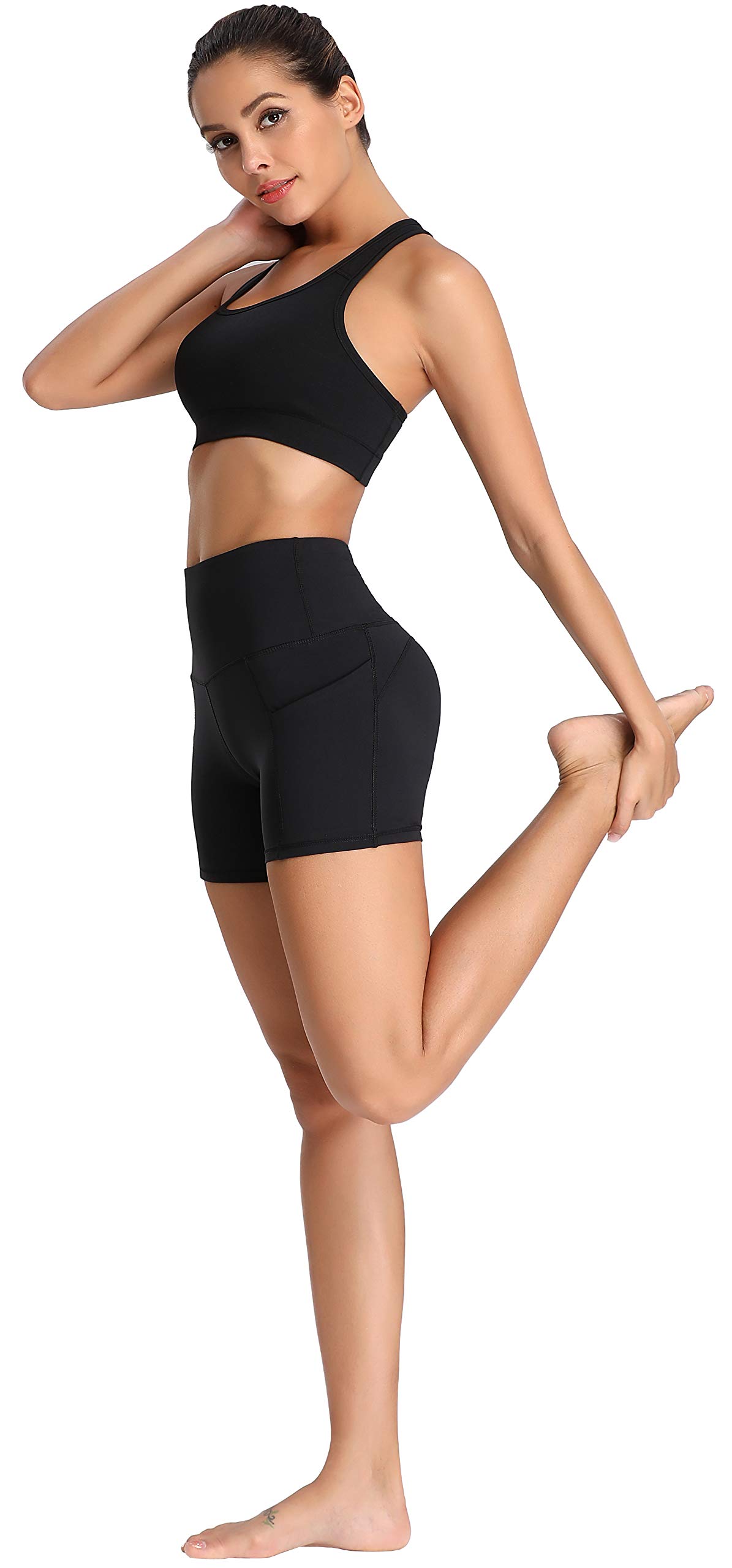 Oalka Women's Short Yoga Side Pockets High Waist Workout Running Shorts New Black M