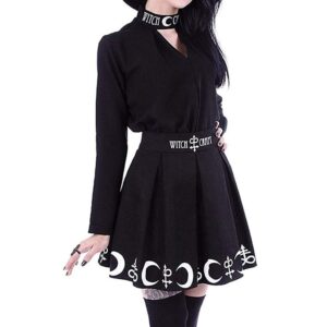 black skirt for women gothic style witchcraft moon print pleated punk mini skirts (s, black)