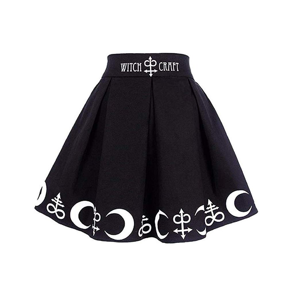 Black Skirt for Women Gothic Style Witchcraft Moon Print Pleated Punk Mini Skirts (S, Black)