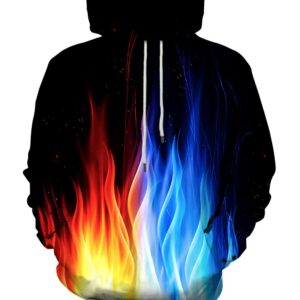 Neemanndy Red and Blue Fire Flame Graphic 3D Hoodies Realistic Print Outer Sports Sweaters for Men and Women, Large