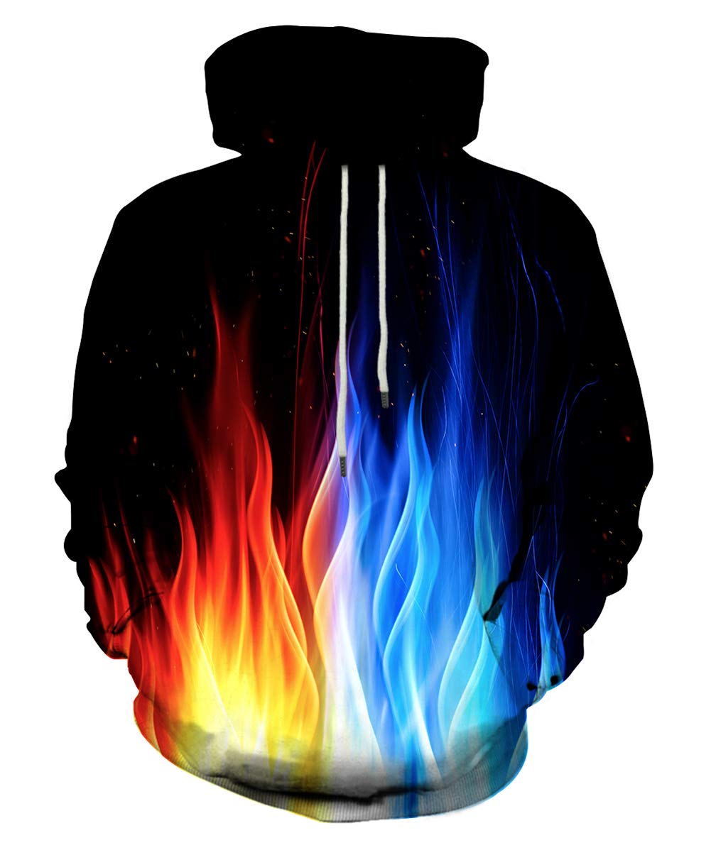 Neemanndy Red and Blue Fire Flame Graphic 3D Hoodies Realistic Print Outer Sports Sweaters for Men and Women, Large