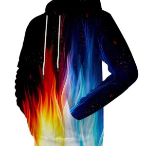 Neemanndy Red and Blue Fire Flame Graphic 3D Hoodies Realistic Print Outer Sports Sweaters for Men and Women, Large