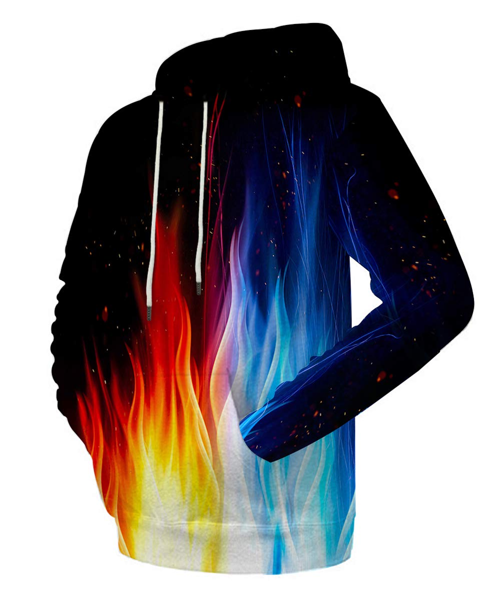 Neemanndy Red and Blue Fire Flame Graphic 3D Hoodies Realistic Print Outer Sports Sweaters for Men and Women, Large