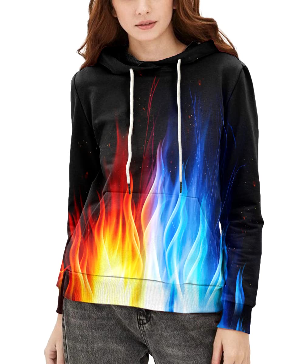 Neemanndy Red and Blue Fire Flame Graphic 3D Hoodies Realistic Print Outer Sports Sweaters for Men and Women, Large