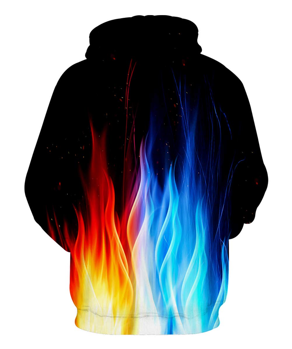 Neemanndy Red and Blue Fire Flame Graphic 3D Hoodies Realistic Print Outer Sports Sweaters for Men and Women, Large