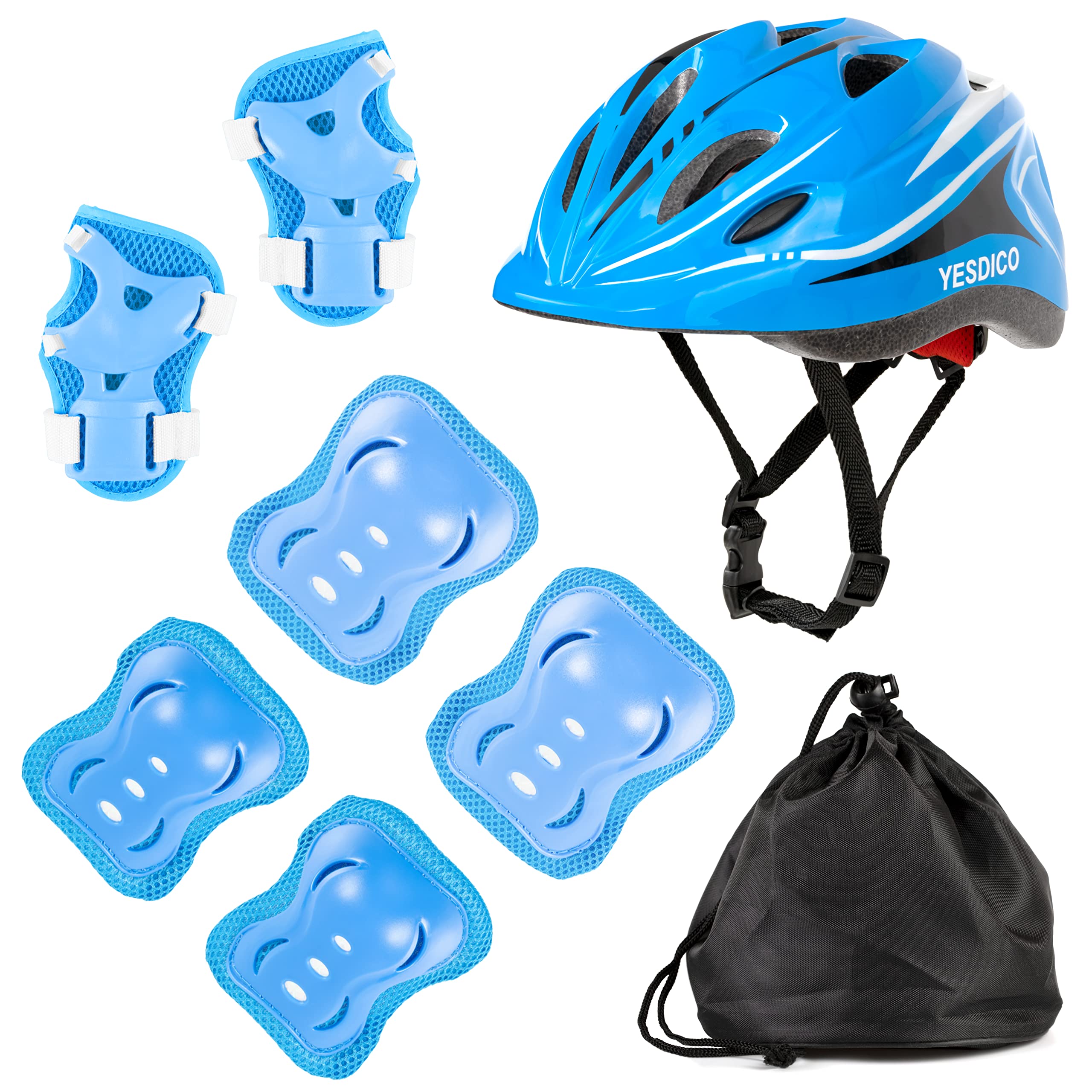 Adjustable Protective Helmet Kids Protective Gear Knee Elbow Pads Wrist Guard Outdoor Sports Safety Bike Scooters Skateboards (Blue)