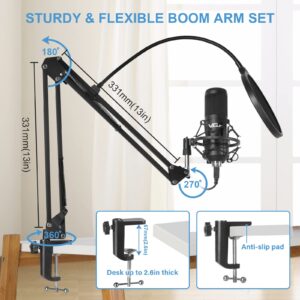 VeGue USB Microphone Kit, 192kHz/24Bit Streaming Podcast PC Condenser Computer Mic Set for Gaming, YouTube Video, Recording Music, Voice Over, Studio Mic with Adjustable Arm Stand (VG-016)