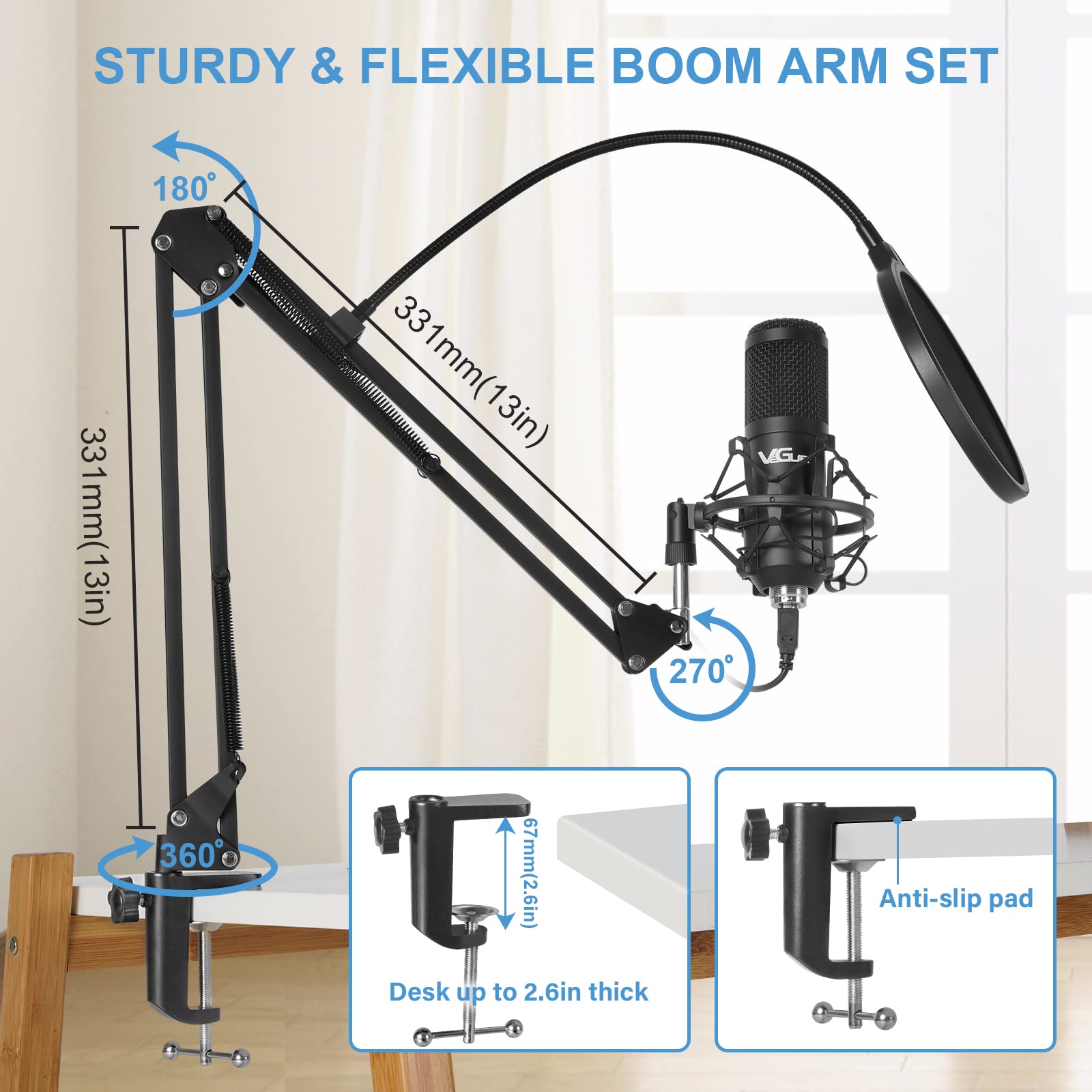 VeGue USB Microphone Kit, 192kHz/24Bit Streaming Podcast PC Condenser Computer Mic Set for Gaming, YouTube Video, Recording Music, Voice Over, Studio Mic with Adjustable Arm Stand (VG-016)