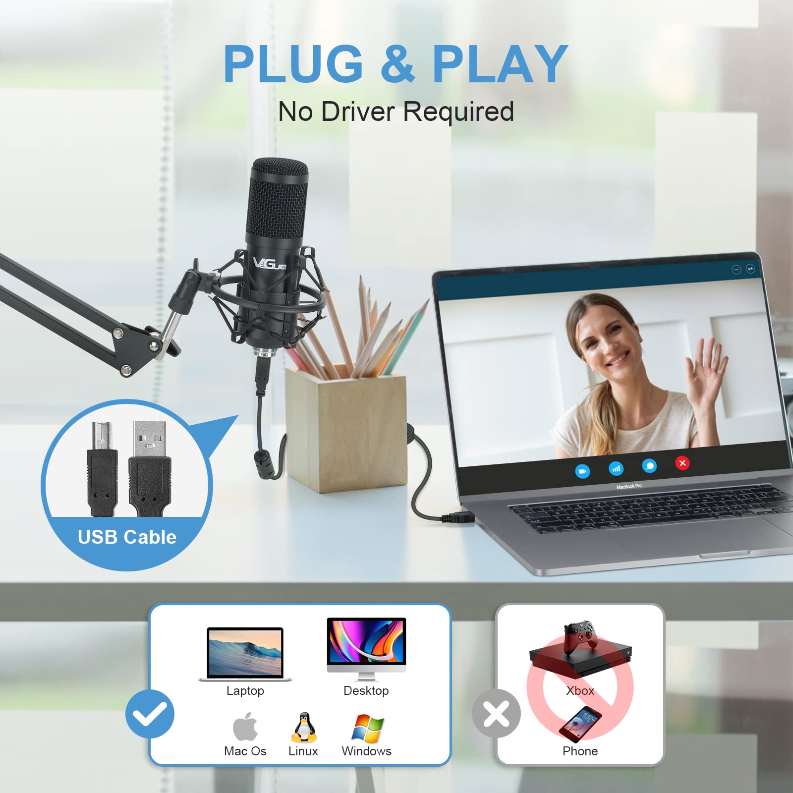 VeGue USB Microphone Kit, 192kHz/24Bit Streaming Podcast PC Condenser Computer Mic Set for Gaming, YouTube Video, Recording Music, Voice Over, Studio Mic with Adjustable Arm Stand (VG-016)