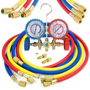air conditioning refrigerant charging hoses with diagnostic manifold gauge set and 2 quick coupler for r410a r22 r404 refrigerant charging,1/4" thread hose set 60" red/yellow/blue (3pcs)