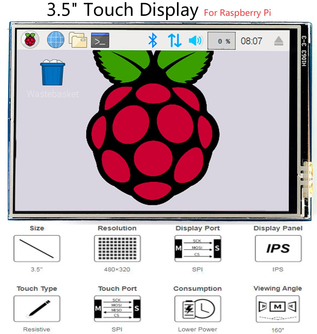 waveshare 3.5 inch Resistive Touch Screen IPS LCD 480x320 Hardware Resolution XPT2046 Controller for Any Revision of Raspberry Pi (4B/3B+/3B/2B/A+/B+)