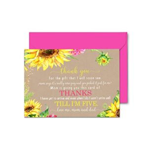 sunflower baby thank you cards, 15 pack – cute baby shower notes with envelopes set, prefilled message, customizable and personalize blank stationery rustic floral, new parents gift ideas