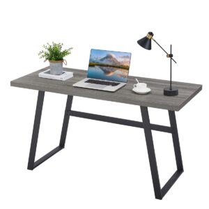 bon augure 55 inch modern writing desk, rustic computer desk for home office, sturdy simple wood and metal desk, industrial work study table (dark grey oak)