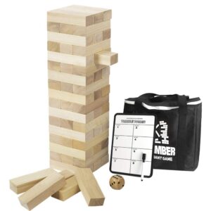 gentle monster giant tumble tower with dice & game board, 56 pcs large size wooden stacking game, classic outdoor games for adult kids family (jumbo 56pc)