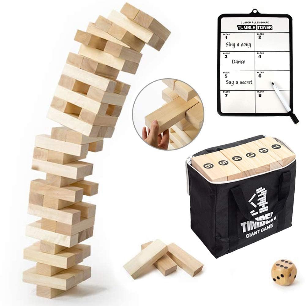 Gentle Monster Giant Tumble Tower with Dice & Game Board, 56 Pcs Large Size Wooden Stacking Game, Classic Outdoor Games for Adult Kids Family (Jumbo 56pc)