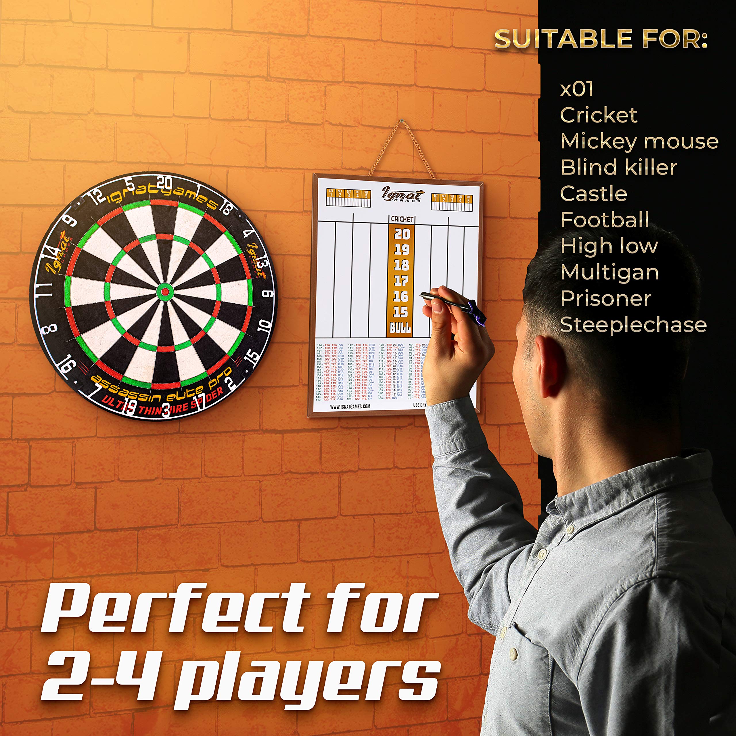 IgnatGames Dry Erase Darts Scoreboard - Double Sided Dart Scoreboard with 2 Magnetic Dry Erase Pens - Professional Dart Board Scoreboard for X01, Cricket and 10+ Darts Games