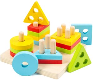 wood city wooden montessori sorting & stacking toys for toddlers 1 2 3 year old, educational shape color recognition puzzle stacker, development & learning toys boys girls