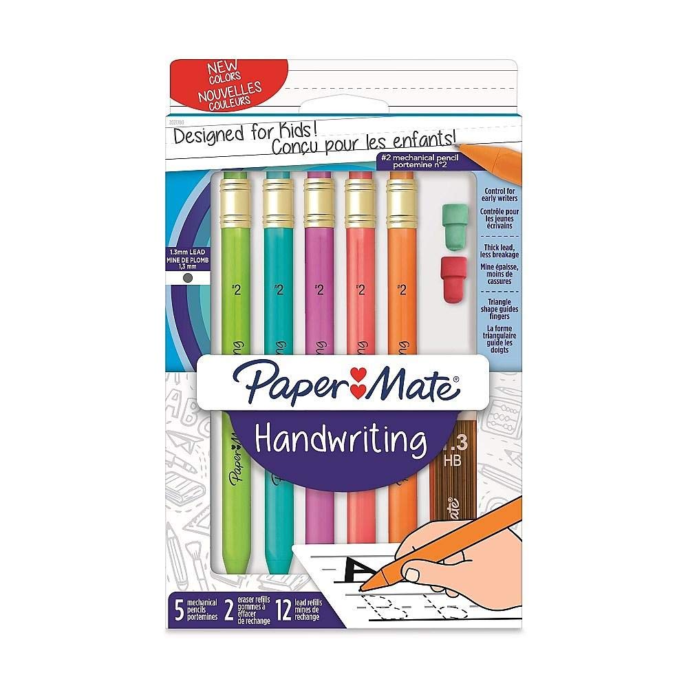 PaperMate Handwriting 5 Mechanical Pencils #2 1.3mm Lead 2 eraser refills 12 lead refills