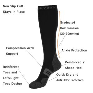 Toes&Feet Men's and Women's 3-Pack Black Anti Odor Quick Dry Compression(20-30mmHg) Socks Graduated Stocking,XL