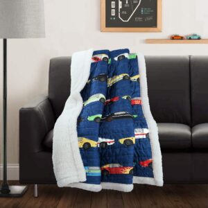 lush decor cars throw | fuzzy reversible sherpa blanket with racing print design for kids-60” x 50, navy