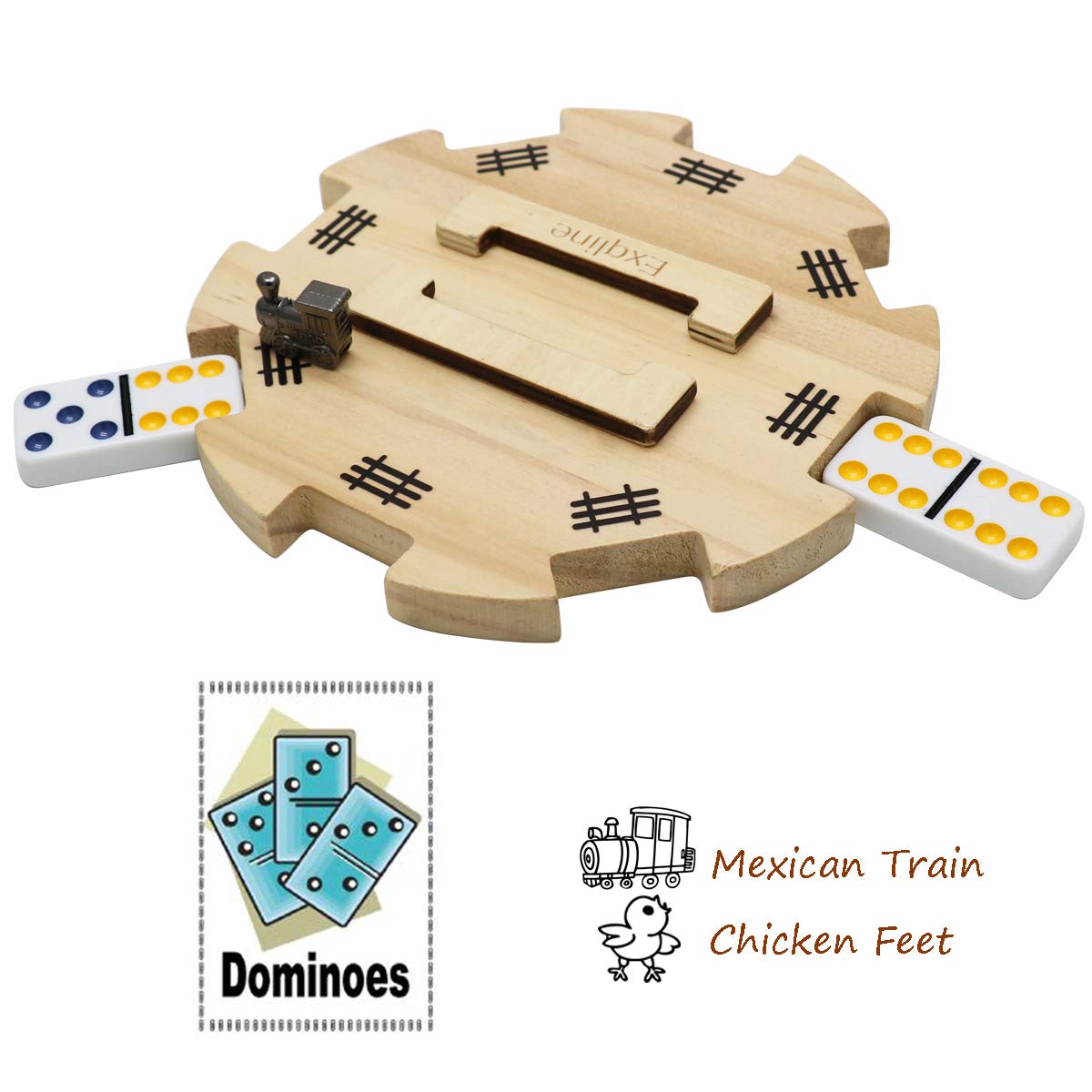 Exqline Wooden Hub for Mexican Train Dominoes with Felted Bottom Mexican Train Centerpiece Made of Superior Pine