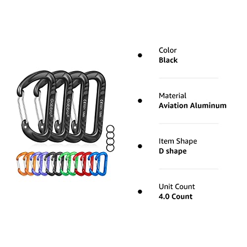 Gabbro Carabiner Clip Heavy Duty 2697lbs, 4 PCS 3" Large Lightweight Aluminum Caribeaners with Keychain Hook Ring Black