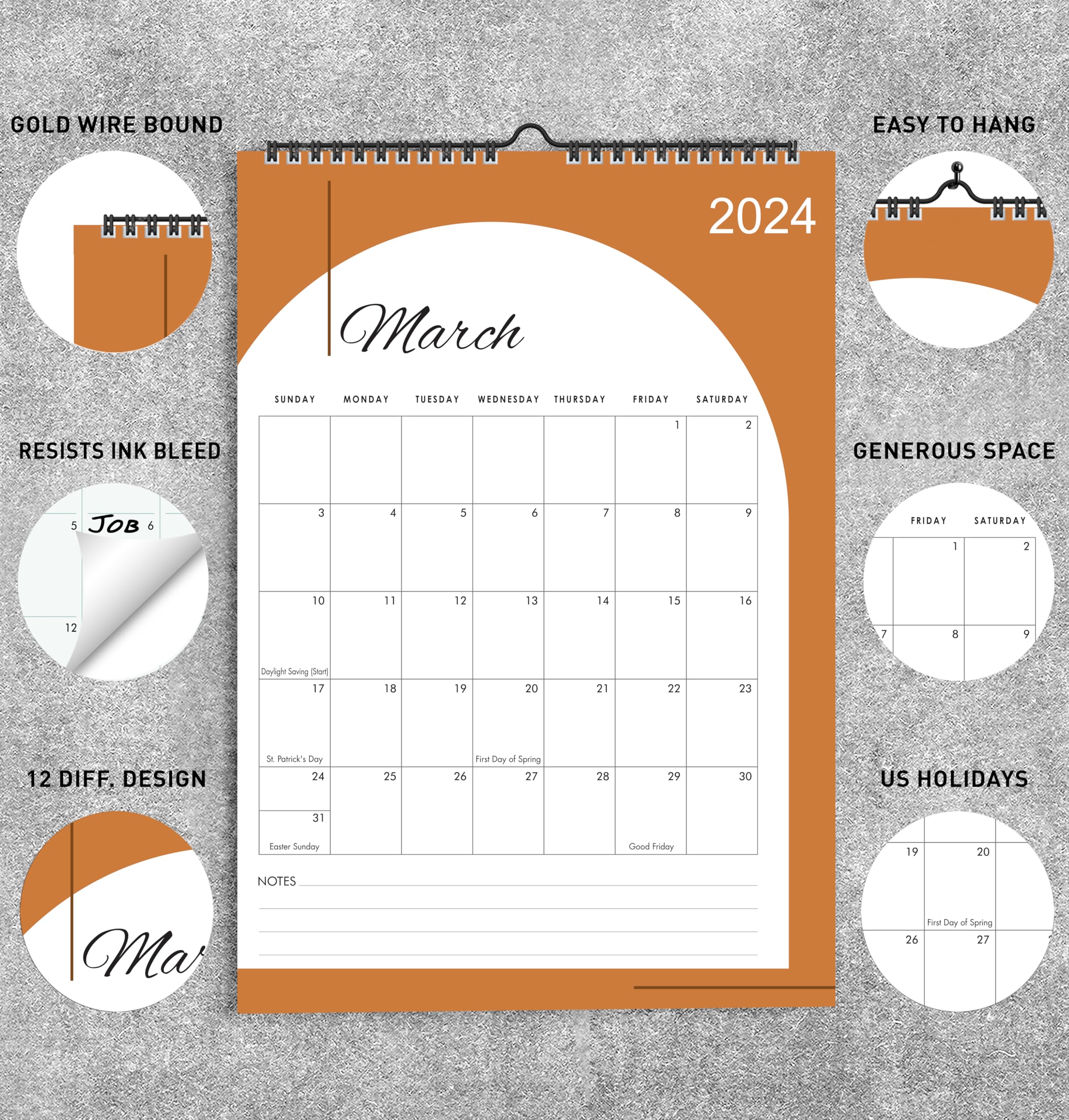 mudrit 2024 Wall Calendar, 12" X 17", 12 Monthly Calendar from Jan 2024 till Dec 2024, Spiral Bound for Office, Home, Family,Business, School Appointment Planning