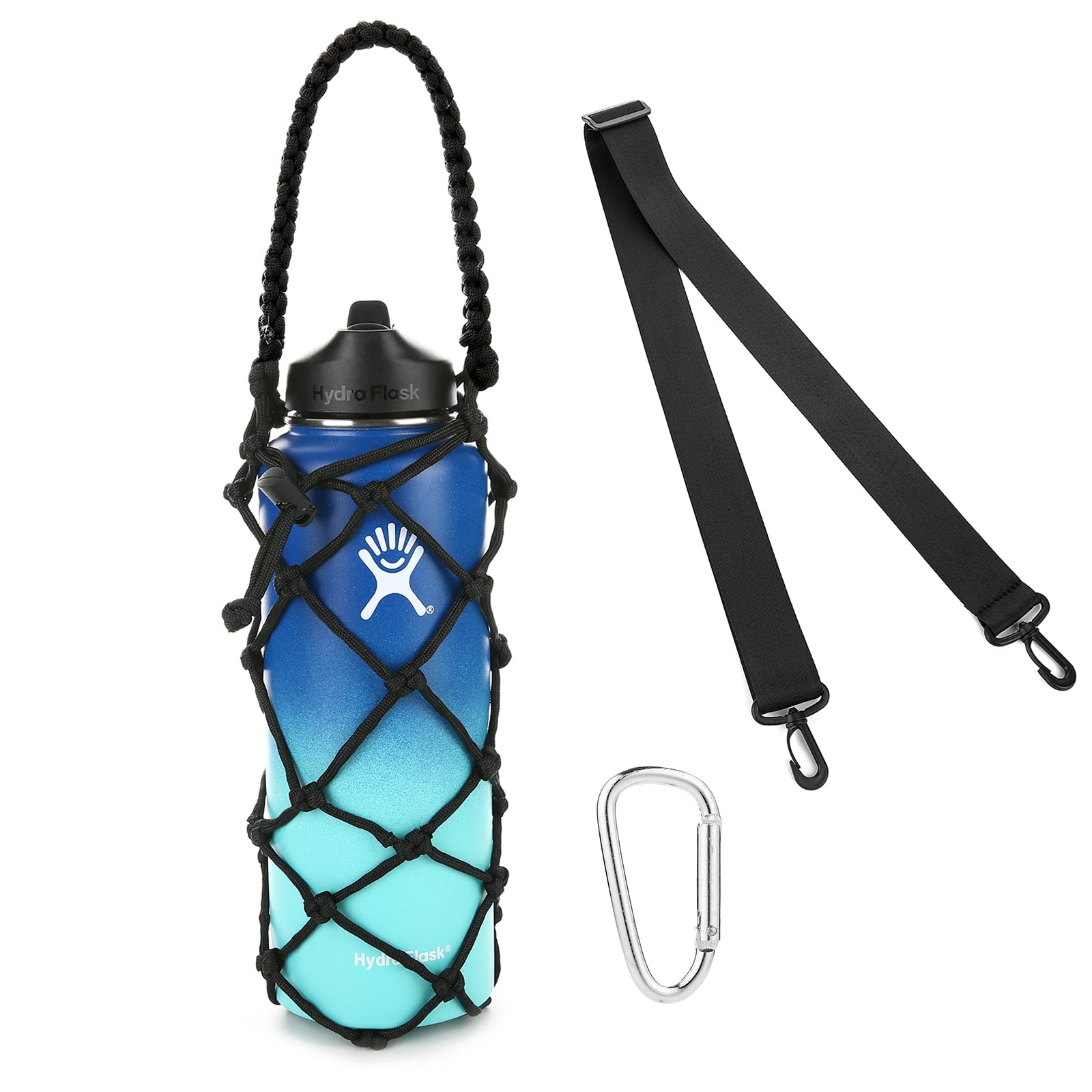 koshine Water Bottle Carrier Weaving Net Cup Holder for Sports Bottle Water Flask 17-25oz 32oz-40oz 64oz(Black (32oz-40oz))