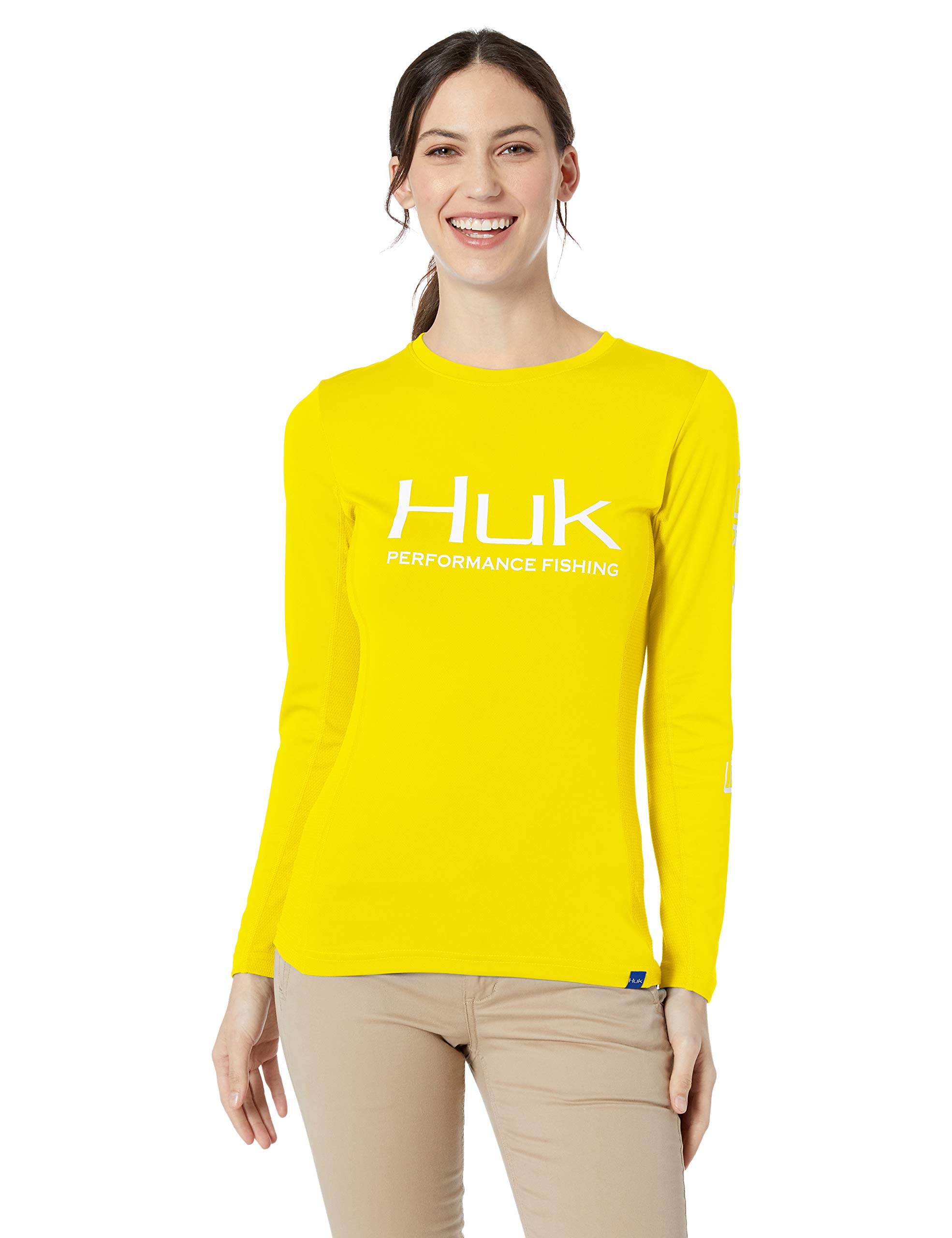 Huk Women's Icon X Long Sleeve Fishing Shirt with Sun Protection, Blaze Yellow, X-Large