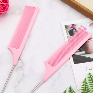 3 Packs Rat Tail Comb Steel Pin Rat Tail Carbon Fiber Heat Resistant Teasing Combs with Stainless Steel Pintail (Pink)