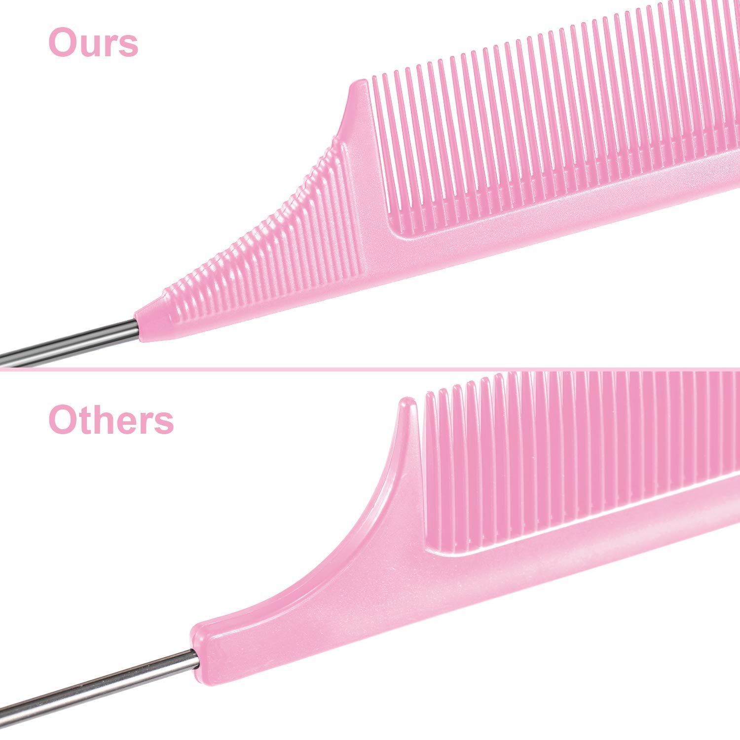 3 Packs Rat Tail Comb Steel Pin Rat Tail Carbon Fiber Heat Resistant Teasing Combs with Stainless Steel Pintail (Pink)