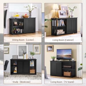 Yaheetech Sideboard Buffet Cabinet, Kitchen Storage Cabinet with Sliding Door and Adjustable Shelf, Stackable Cabinets Console Table for Living Room, Kitchen, Dining Room, Hallway, Black