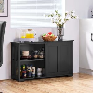 Yaheetech Sideboard Buffet Cabinet, Kitchen Storage Cabinet with Sliding Door and Adjustable Shelf, Stackable Cabinets Console Table for Living Room, Kitchen, Dining Room, Hallway, Black