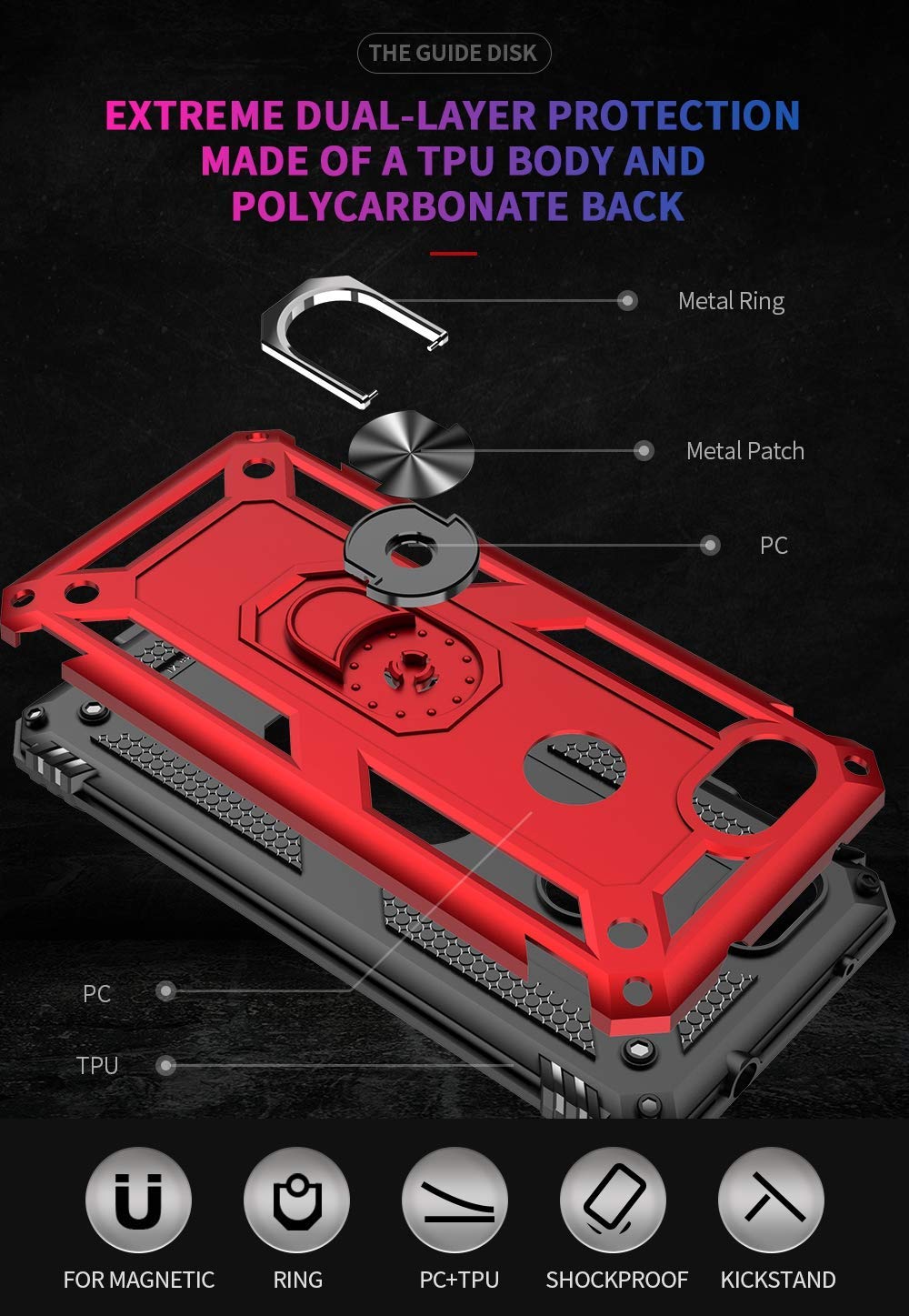 Military Grade Drop Impact for Google Pixel 3A XL Case 360 Metal Rotating Ring Kickstand Holder Magnetic Car Mount Armor Shockproof Case for Google Pixel 3A XL Phone Protection Case (Red)