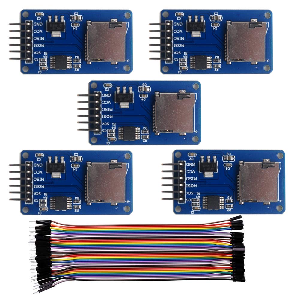 Wishiot 5pcs SD Card Module Mini TF Card Reader Sensor with SPI Interface Onboard Level Conversion +1pc 40P Male to Female Dupont Cable for Arduino Mega2560 Nano ESP8266 ESP32 Wemos D1 Mini