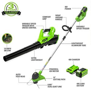 Greenworks 40V Cordless String Trimmer and Leaf Blower Combo Kit, 2.0Ah Battery and Charger Included