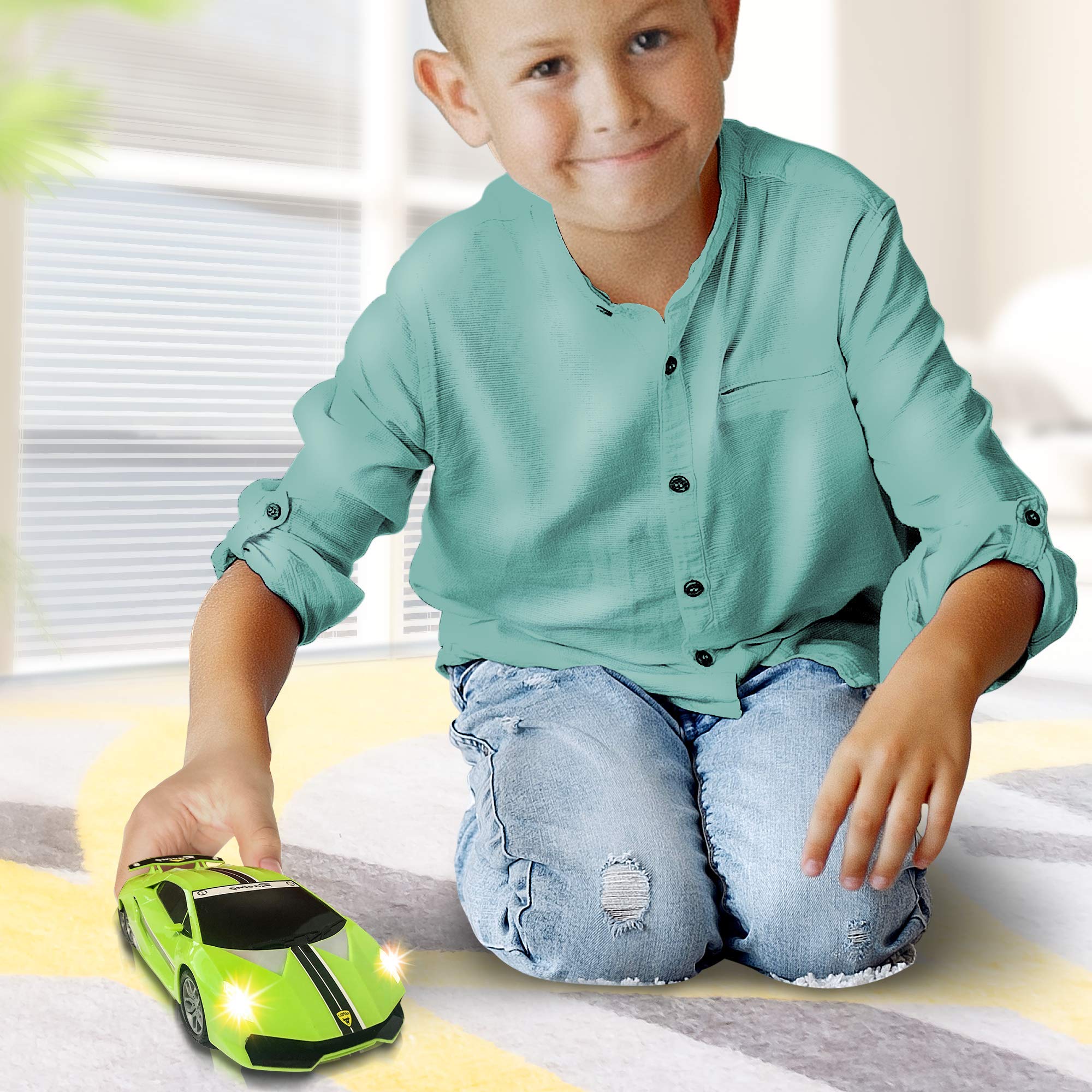 ArtCreativity Green Racer Car with Lights and Sounds, Light-Up Push n Go Racer Car for Kids, LED Headlights and Engine Sound, Best Birthday Gift for Boys, Girls, Toddlers Ages 3+