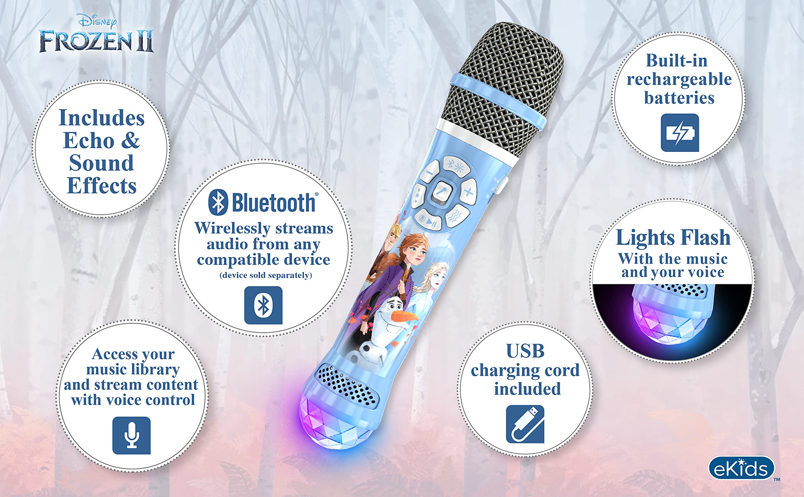 eKids Disney Frozen 2 Bluetooth Karaoke Microphone with LED Disco Party Lights, Portable Speaker Compatible with Siri Google Assistant, for Fans of Frozen Toys and Gifts