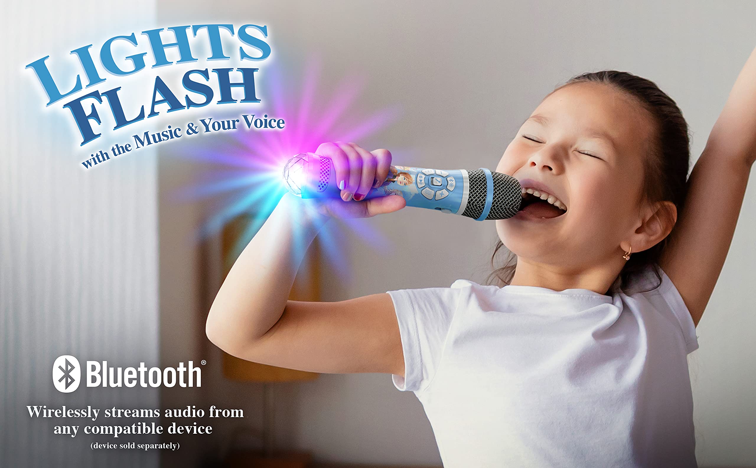 eKids Disney Frozen 2 Bluetooth Karaoke Microphone with LED Disco Party Lights, Portable Speaker Compatible with Siri Google Assistant, for Fans of Frozen Toys and Gifts