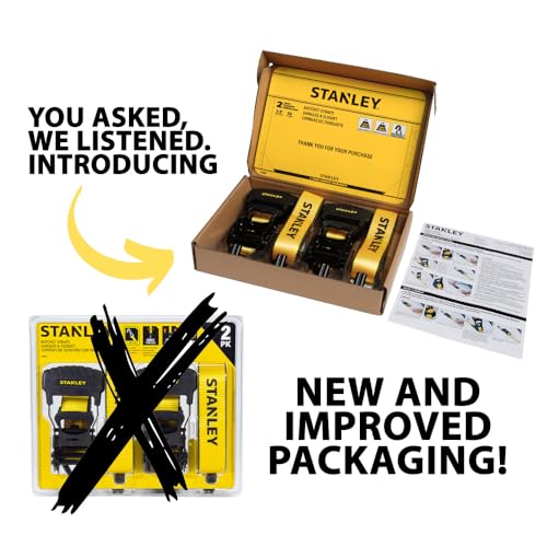 STANLEY S1007 Black/Yellow 1.5" x 16' Ratchet Tie Down Straps - 1,100 lb Safe Working Load / 3,300 lb Break Strength, 2 Pack